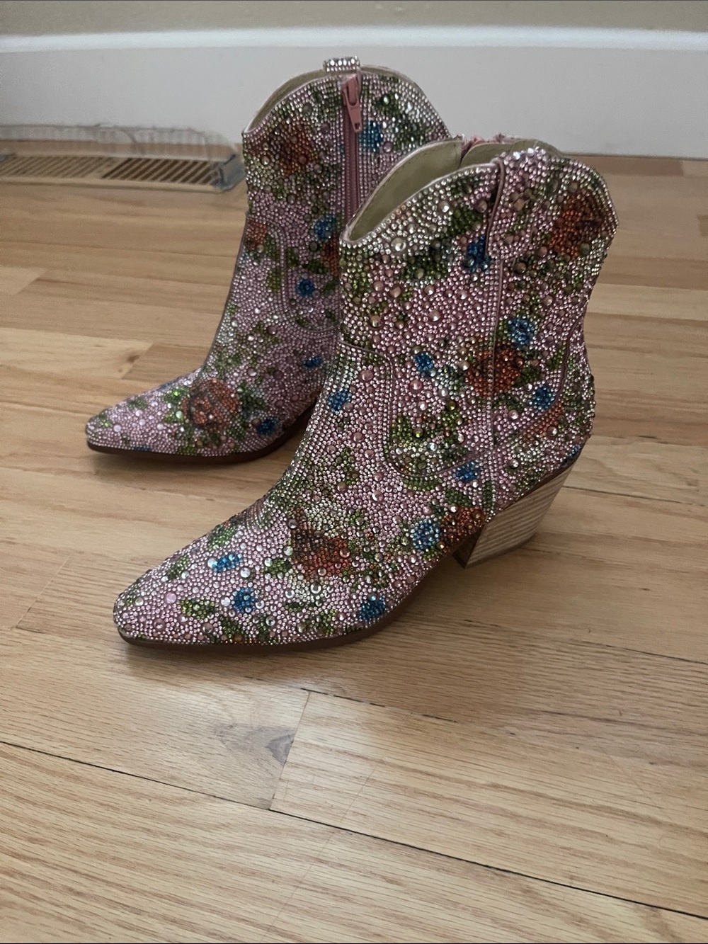Betsey Johnson Pink Floral Crystal Embellished Ankle Boots